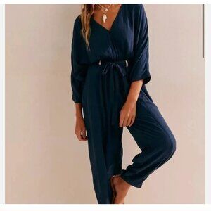 Free People Khai One-Piece Navy Linen Jumpsuit Womens L
